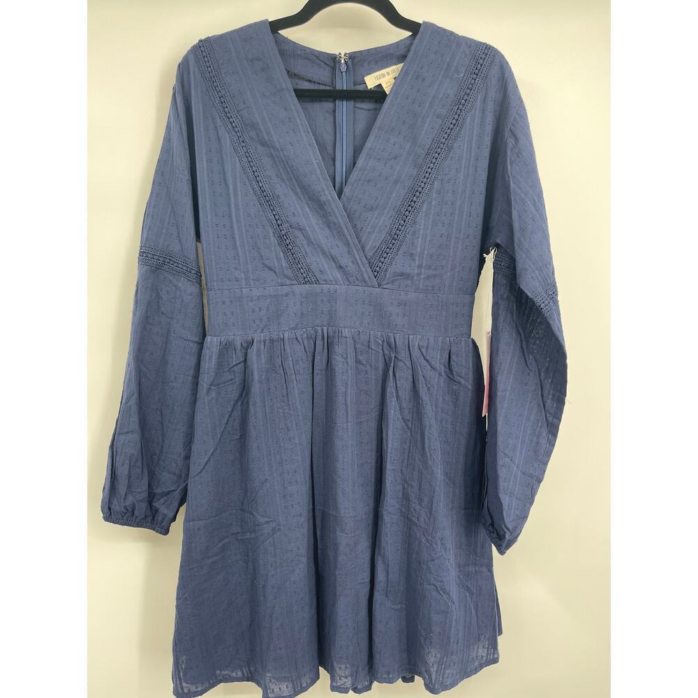Fashion On Earth Womens Navy Blue Mini Dress V-Neck Gathered Sleeve NEW Medium